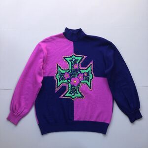 St John Sportswear Marie Gray High Neck Sweater Cross Jeweled Women Small FLAW